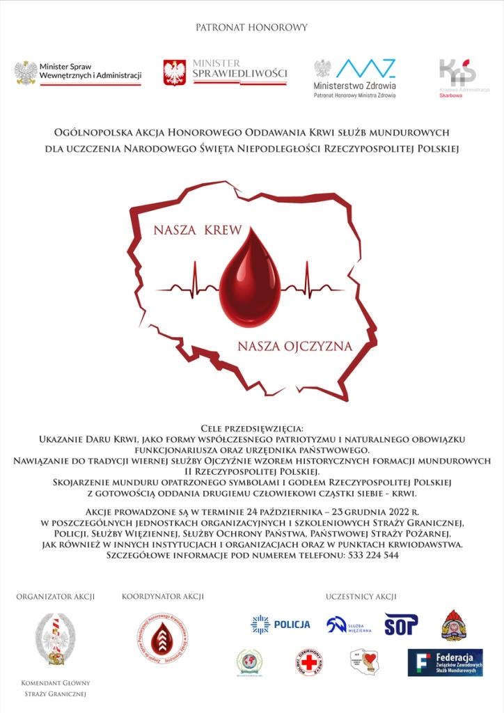 plakat promujący akcję – mapa Polski, kropla krwi, napis Nasza krew-Nasza Ojczyzna, informacje m.in. o akcji, organizatorze, patronach, uczestnikach